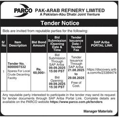 Pak Arab Refinery Limited Tender Notice